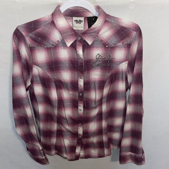 Harley Davidson Women’s Western Shirt Size Medium Purple Plaid Motorcycle Riding - Picture 1 of 12